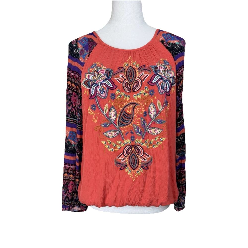 SOFT‎ SURROUNDINGS Top Blouse Sz M Gauze Embroidered Boho Elastic Waist Pullover